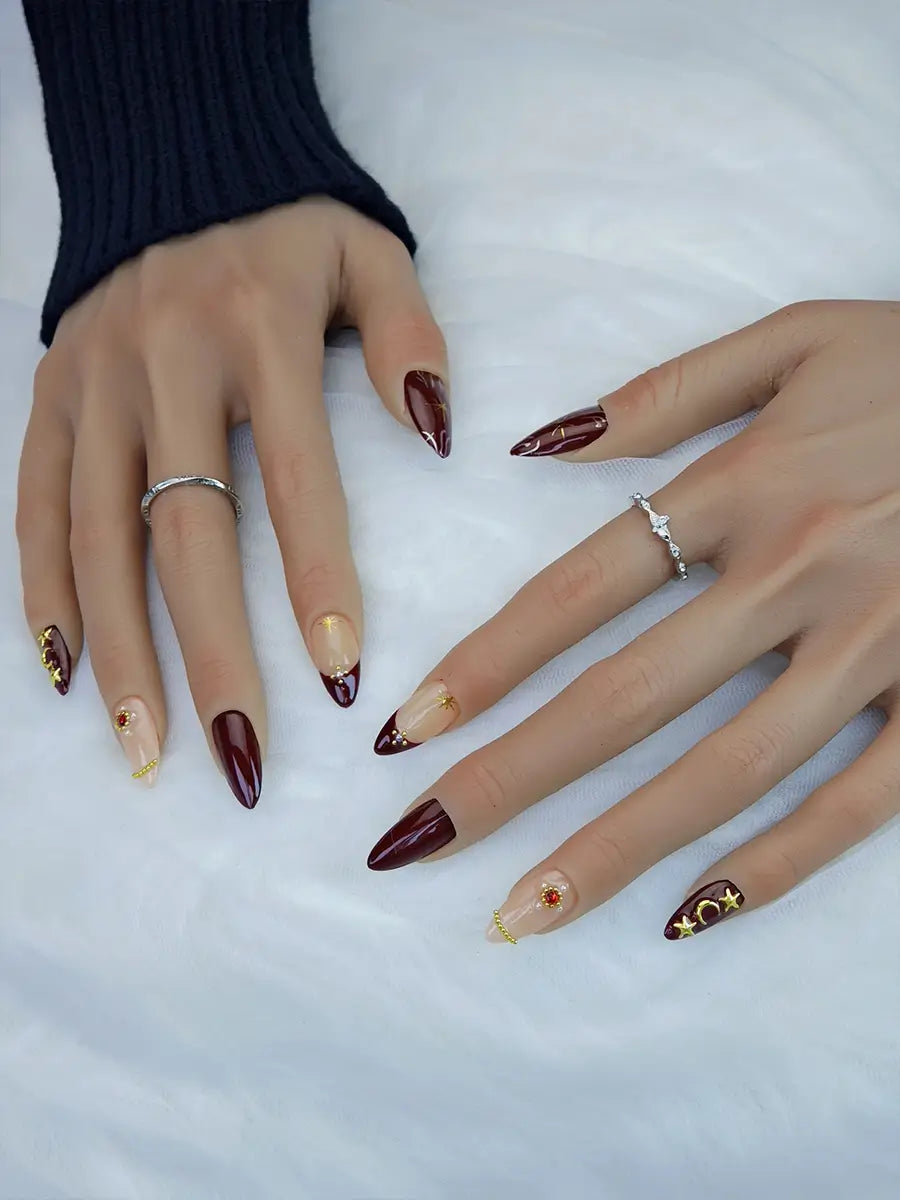 Wine Red & Nude Starry Press-On Nails – Luxurious Almond Shape