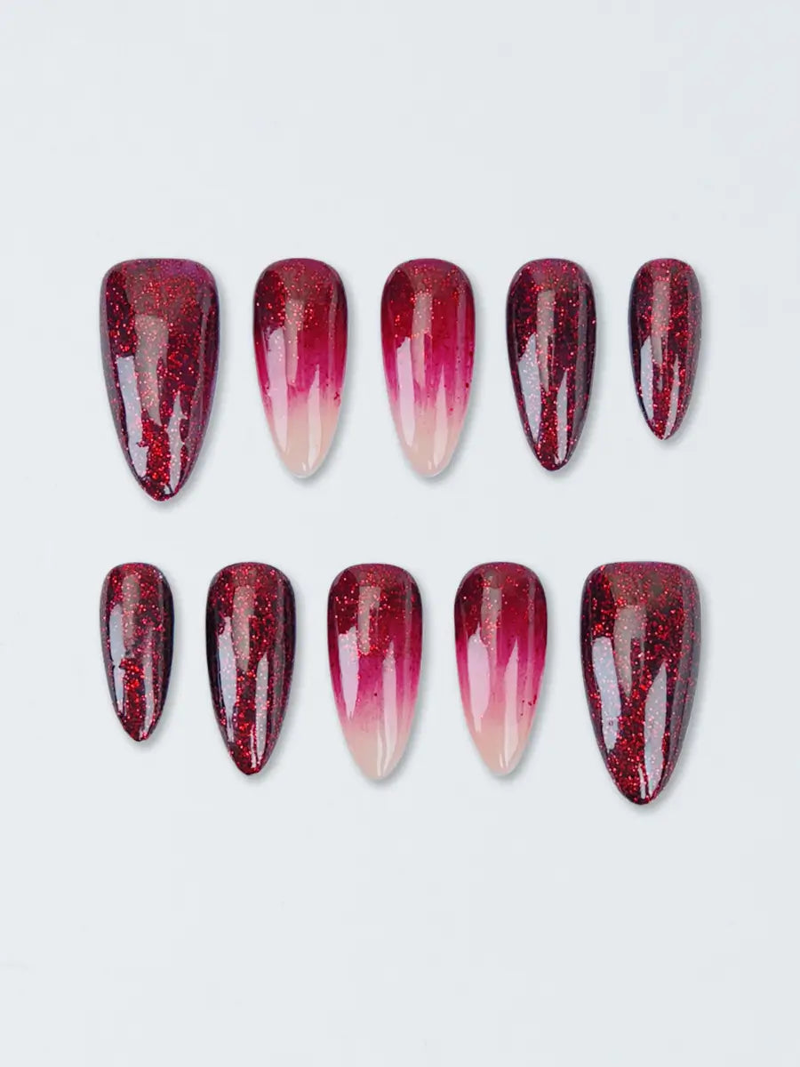 Red Black Glitter Gradient Press-On Nails – Luxury Shimmer Almond Tips