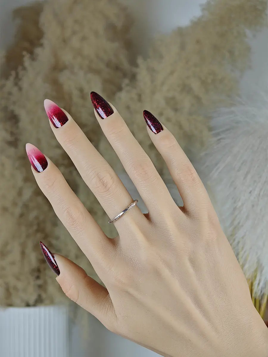 Red Black Glitter Gradient Press-On Nails – Luxury Shimmer Almond Tips