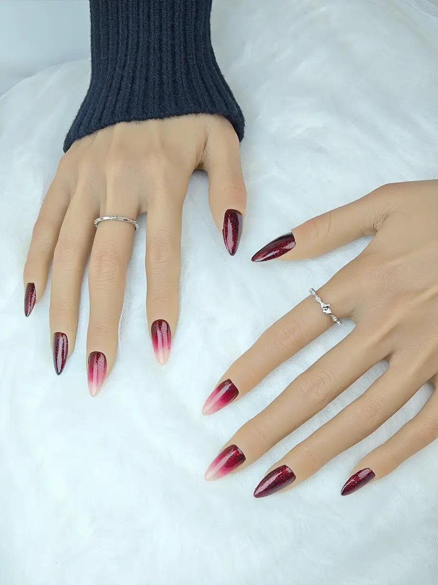 Red Black Glitter Gradient Press-On Nails – Luxury Shimmer Almond Tips