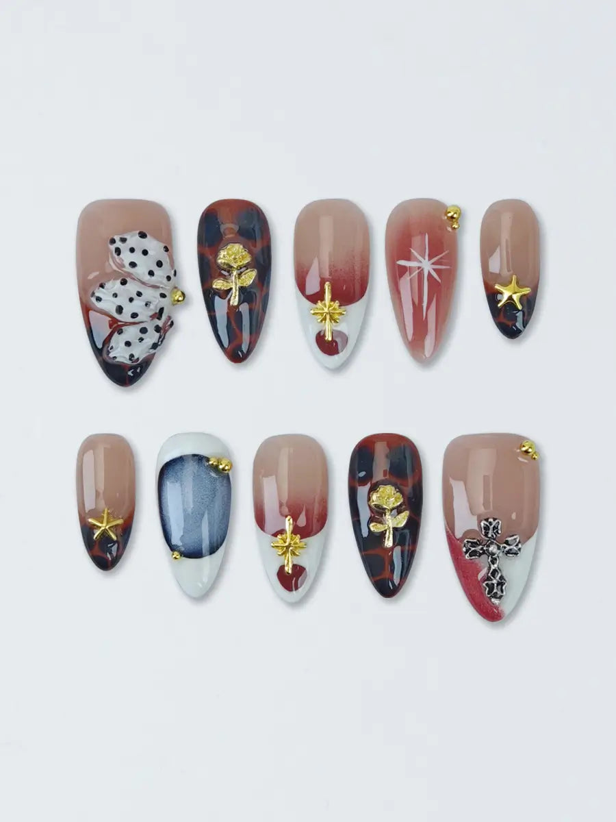 Red Brown Almond Press-On Nails – Metal & 3D Butterfly Retro Design