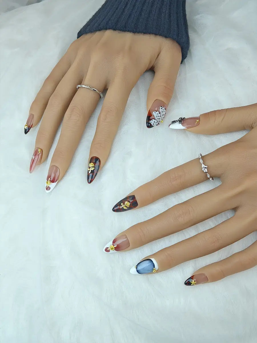 Red Brown Almond Press-On Nails – Metal & 3D Butterfly Retro Design