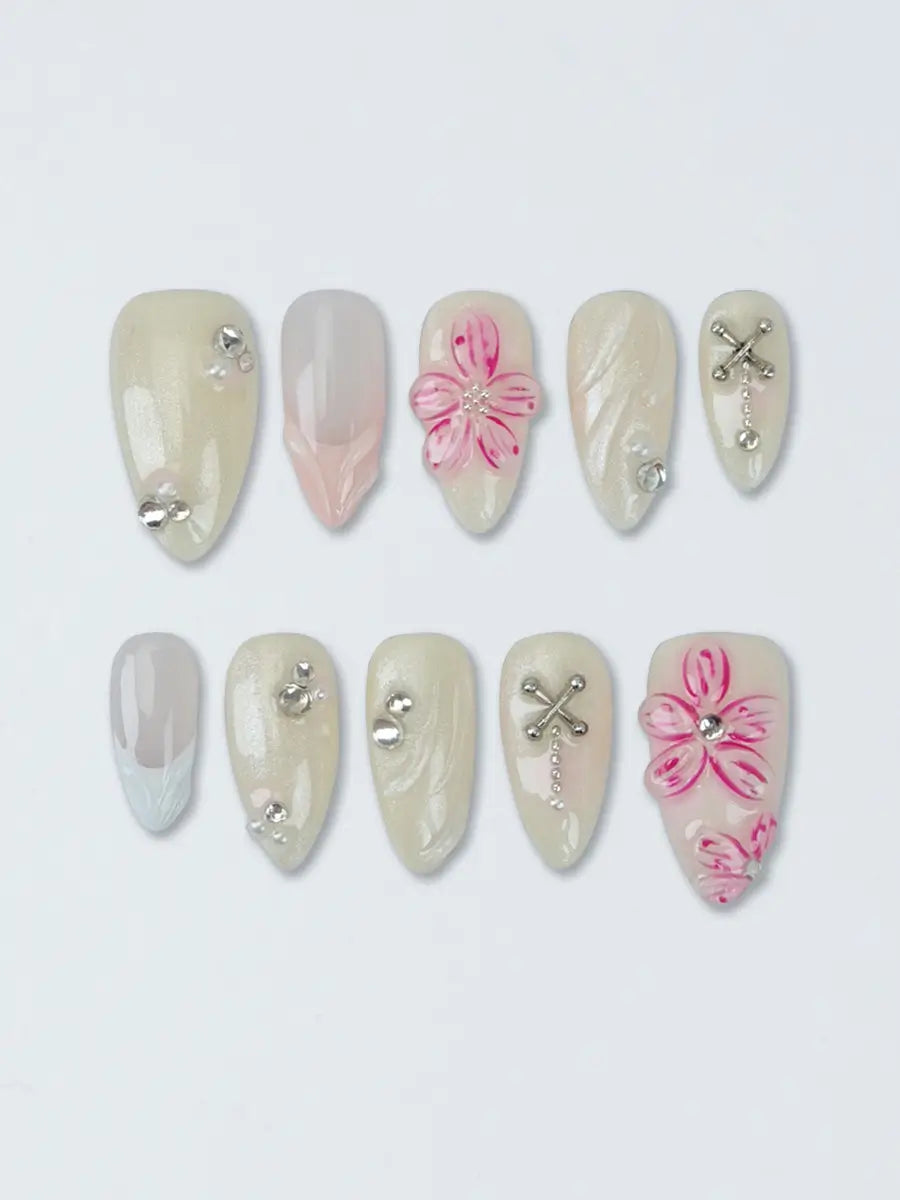 Nude Pink 3D Flower Almond Press-On Nails – Silver Accent