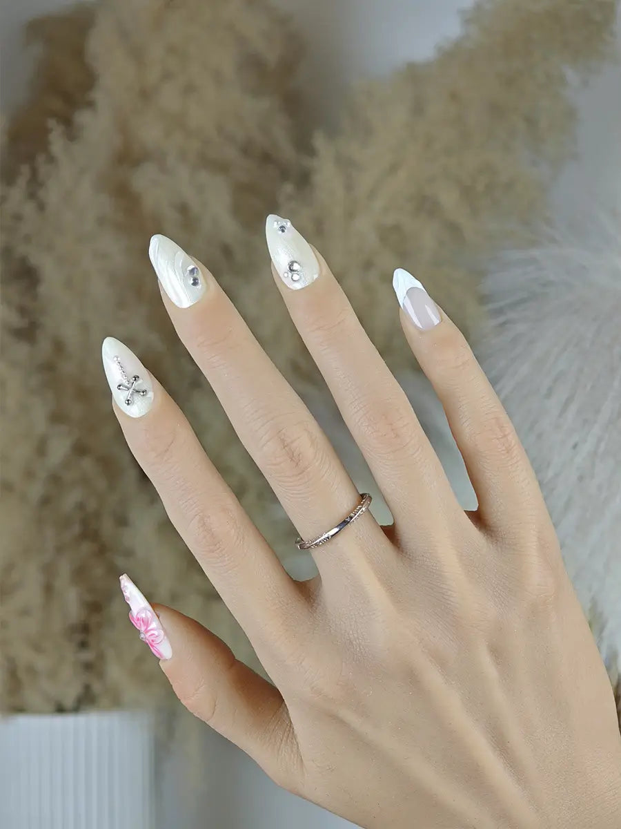 Nude Pink 3D Flower Almond Press-On Nails – Silver Accent