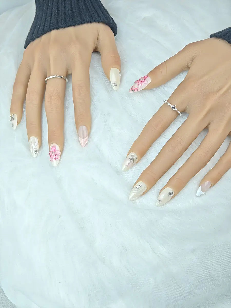 Nude Pink 3D Flower Almond Press-On Nails – Silver Accent