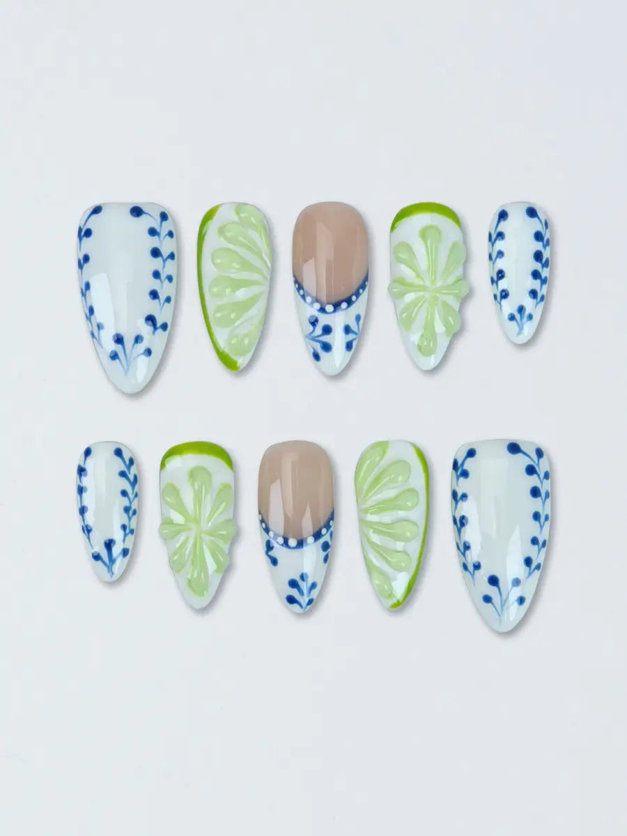 Blue Green Embossed Floral Press-On Nails – Artistic Almond Shape