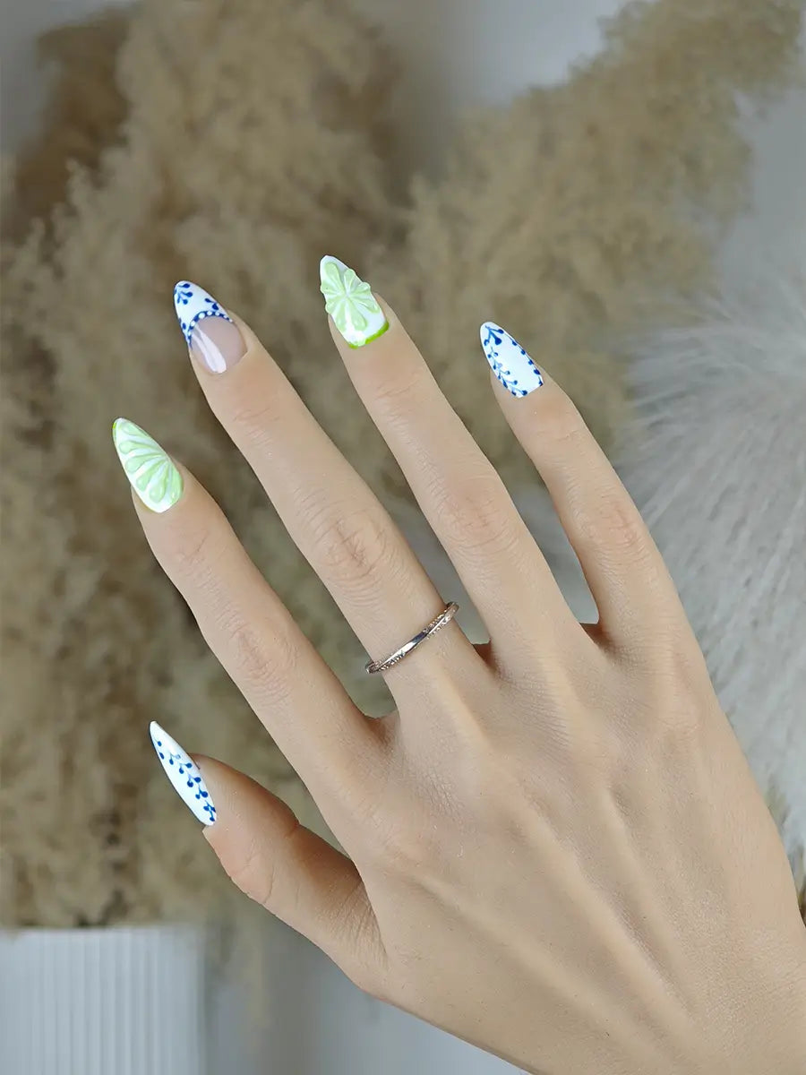 Blue Green Embossed Floral Press-On Nails – Artistic Almond Shape