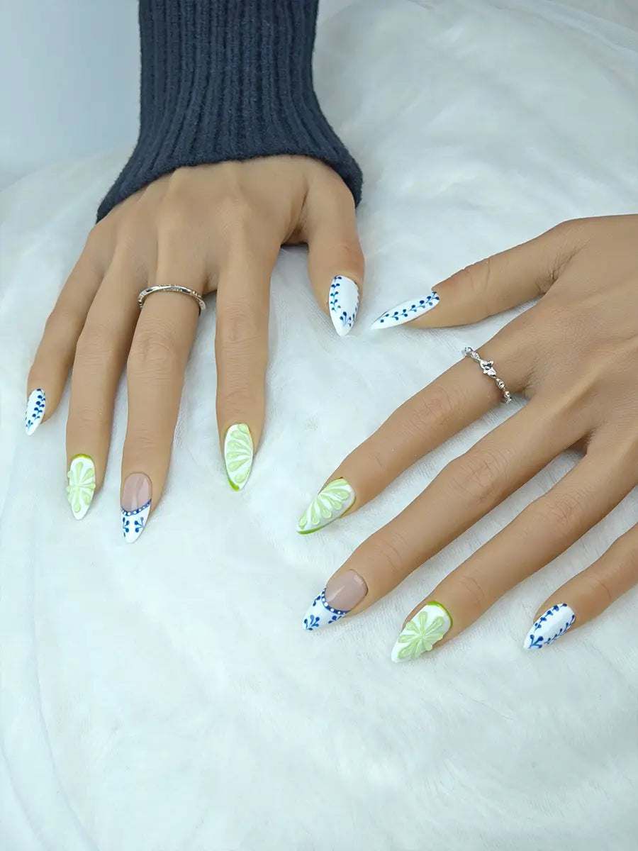 Blue Green Embossed Floral Press-On Nails – Artistic Almond Shape
