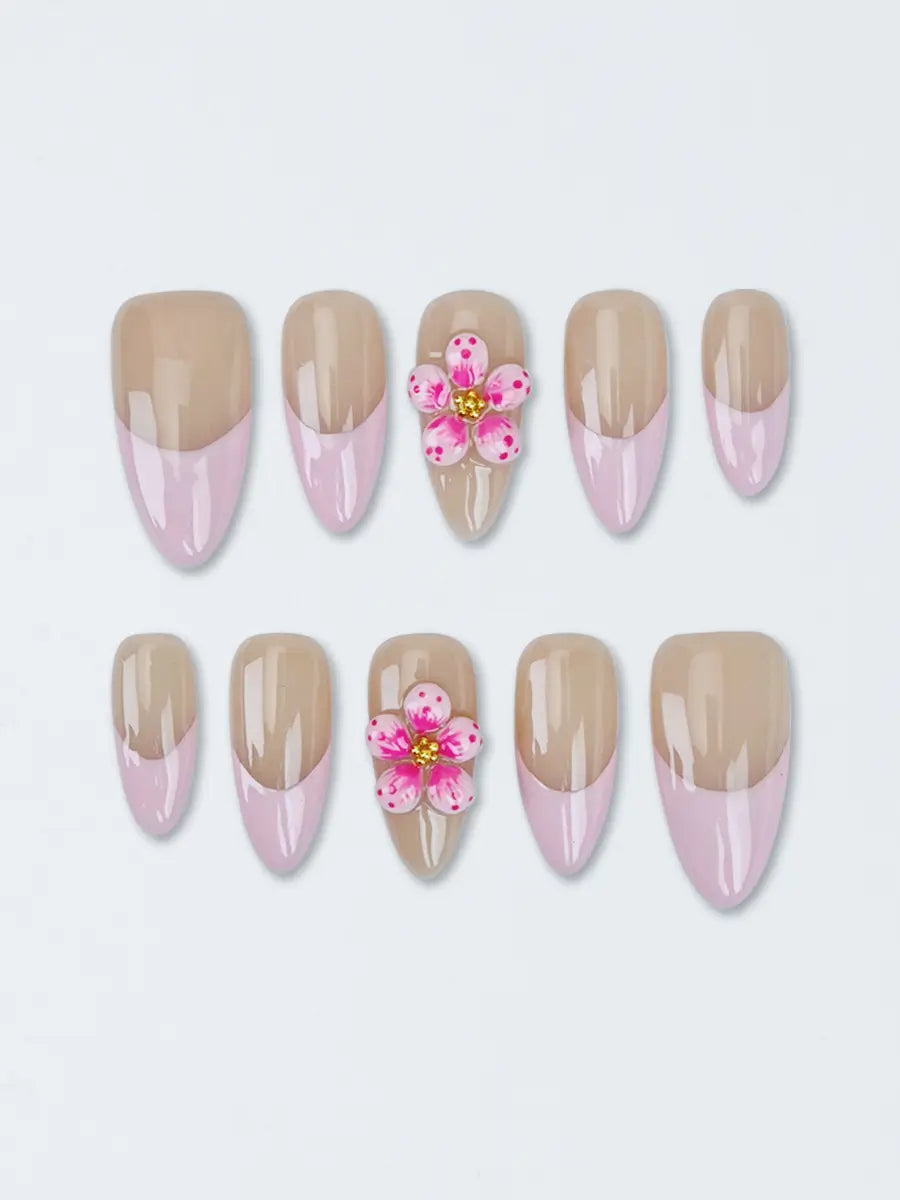 Nude Pink Gradient French Press-On Nails – 3D Floral Elegant Design