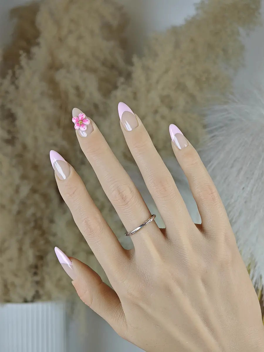 Nude Pink Gradient French Press-On Nails – 3D Floral Elegant Design
