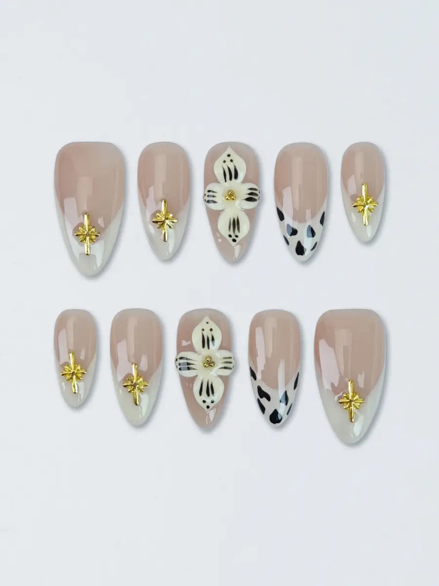 Beige Almond Press-On Nails – 3D Floral & Gold Metallic Accents