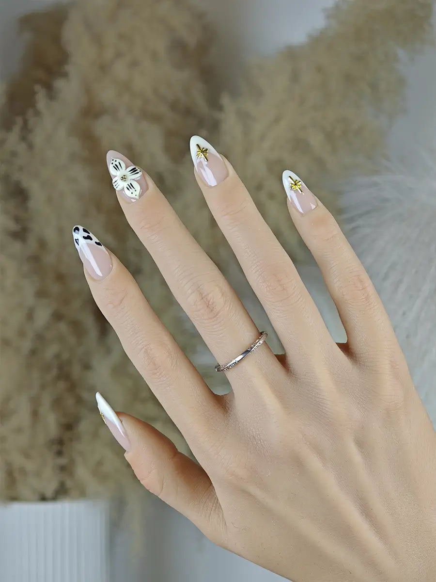 Beige Almond Press-On Nails – 3D Floral & Gold Metallic Accents