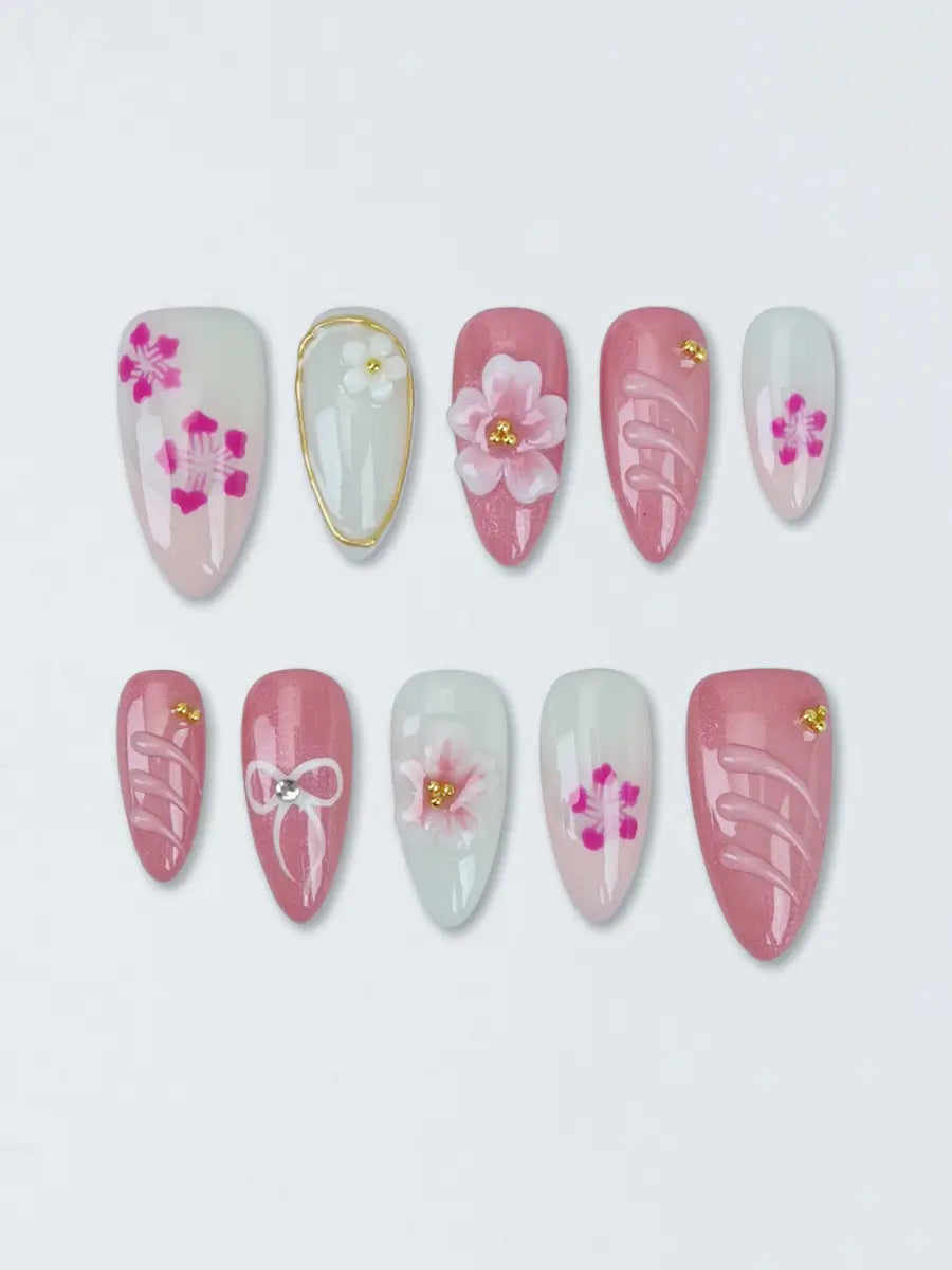 Pink & White Sakura Press-On Nails – 3D Floral Japanese Style
