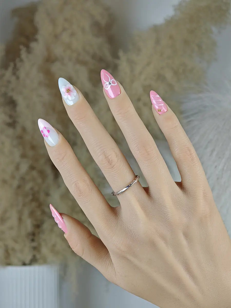 Pink Green Embossed Floral Press-On Nails – Elegant Spring Almond Tips