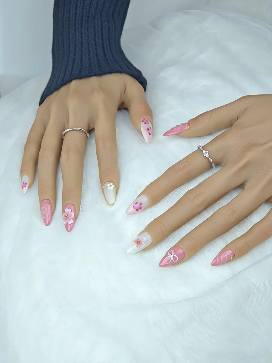 Pink Green Embossed Floral Press-On Nails – Elegant Spring Almond Tips