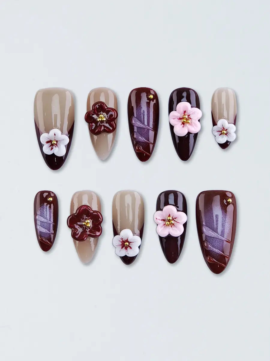 Brown Gradient 3D Floral Press-On Nails – Almond Shape with Gold Accents