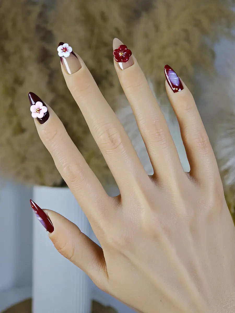 Brown Gradient 3D Floral Press-On Nails – Almond Shape with Gold Accents