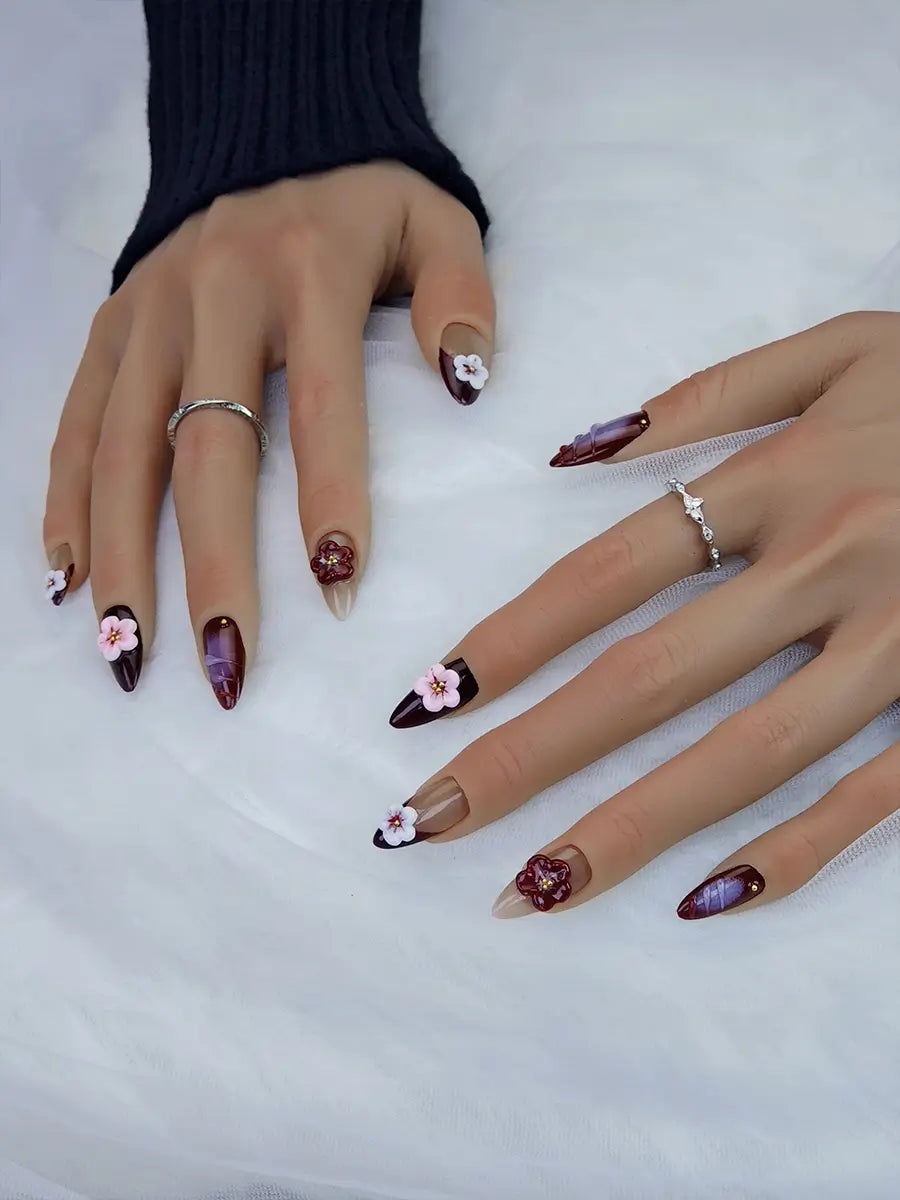 Brown Gradient 3D Floral Press-On Nails – Almond Shape with Gold Accents