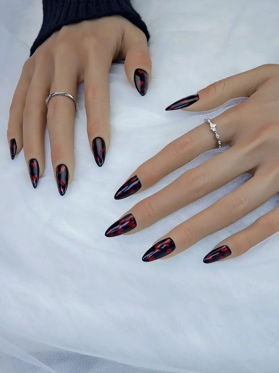 Black & Red Heart Glitter Almond Press-On Nails – Luxurious Romantic