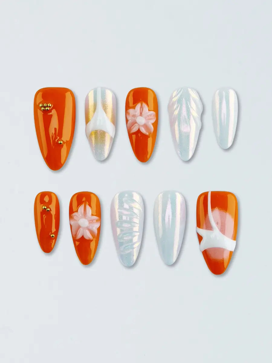 Orange & White 3D Floral Almond Press-On Nails – Iridescent Luxury Design
