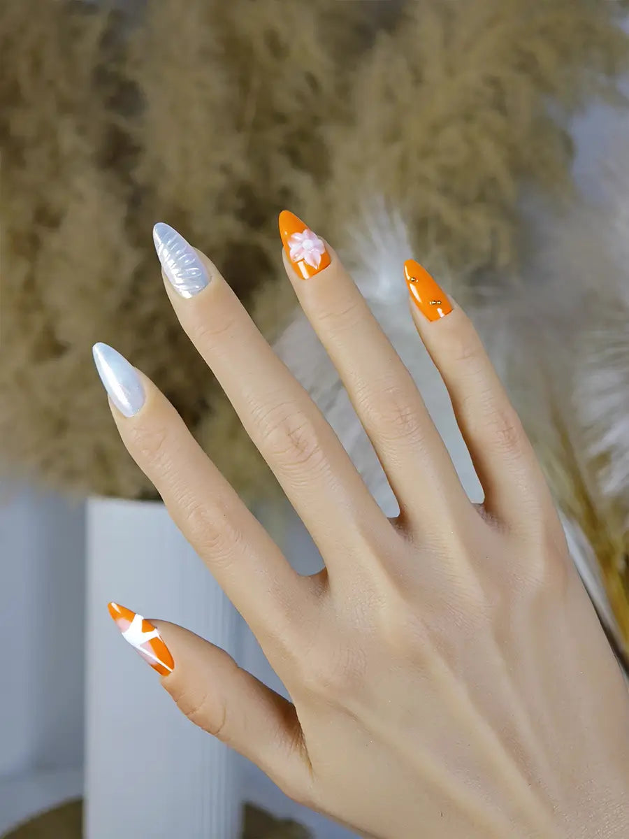 Orange & White 3D Floral Almond Press-On Nails – Iridescent Luxury Design