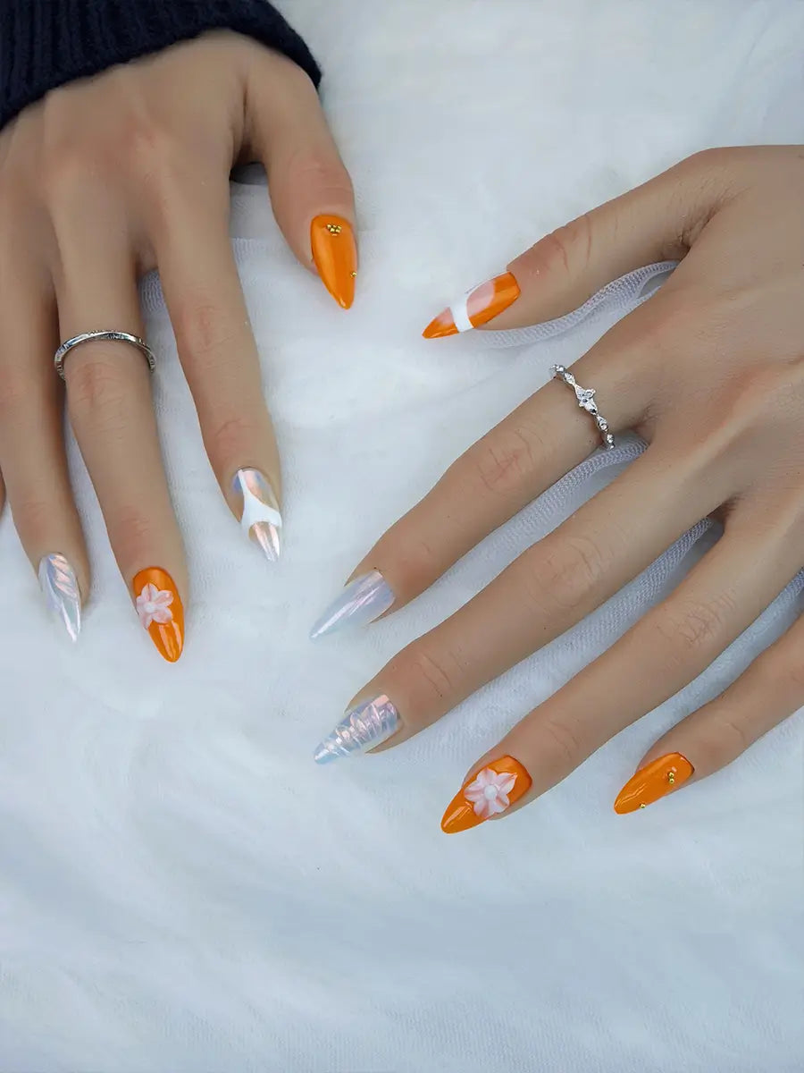 Orange & White 3D Floral Almond Press-On Nails – Iridescent Luxury Design