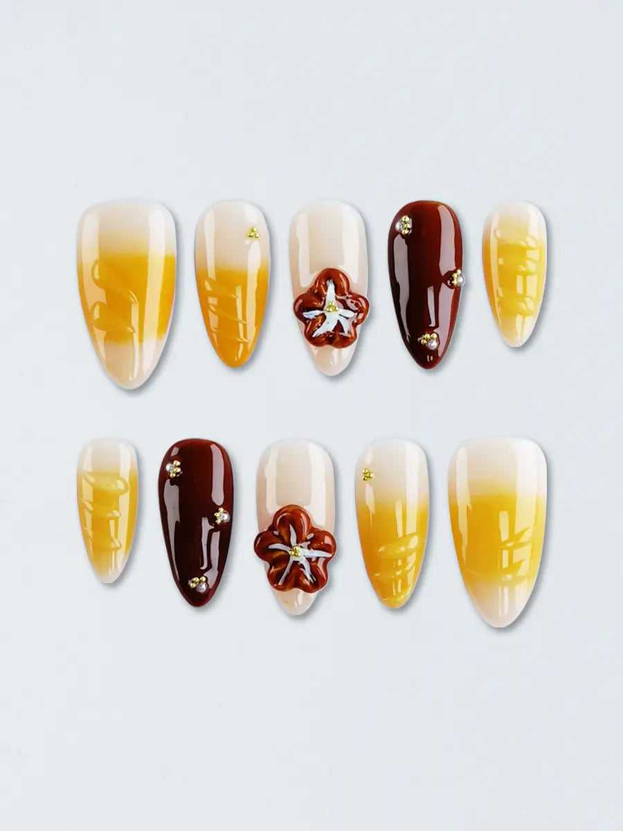 Brown & Yellow Gradient Press-On Nails – 3D Floral Gold Almond Nails