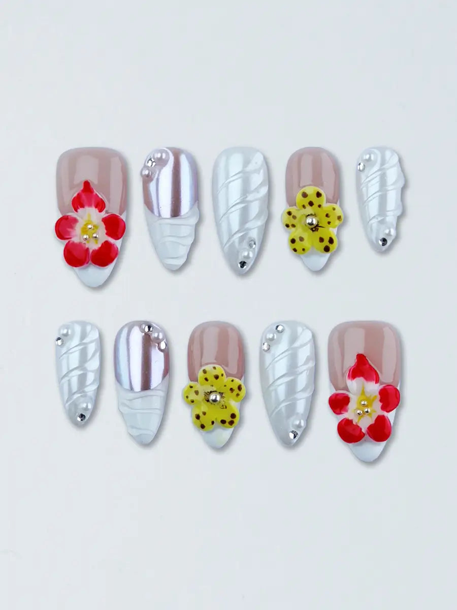 Nude 3D Flower Pearl Press-On Nails – Luxe & Dreamy Almond Shape