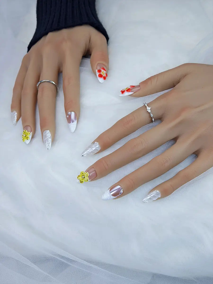 Nude 3D Flower Pearl Press-On Nails – Luxe & Dreamy Almond Shape