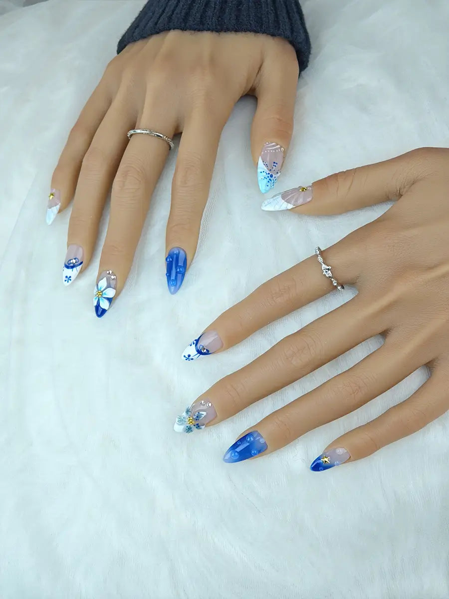 Blue & White Ocean Style Press-On Nails – 3D Floral Almond Shape