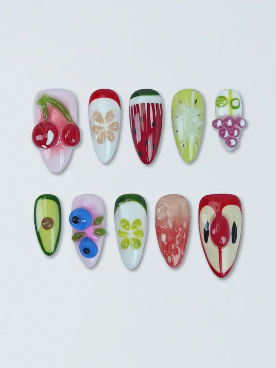 Summer Fruit Almond Press-On Nails – 3D Cherry, Watermelon & More