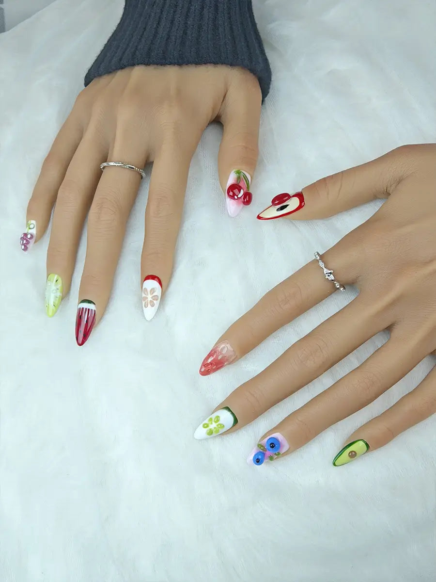 Summer Fruit Almond Press-On Nails – 3D Cherry, Watermelon & More