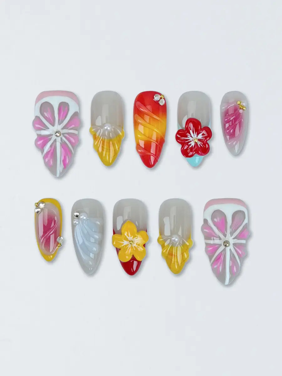 Colorful 3D Floral Press-On Nails – Embossed Texture & Gradient Design