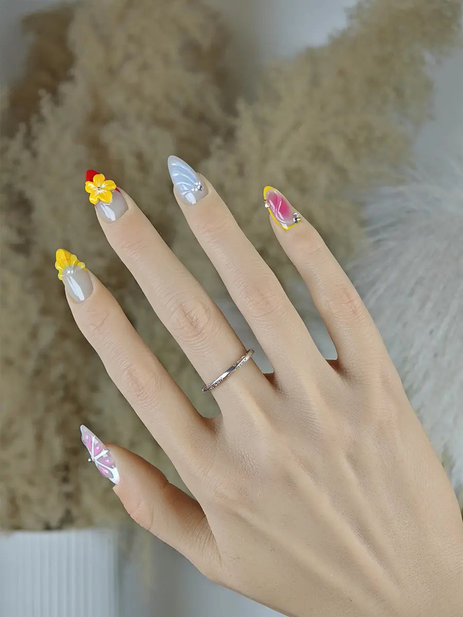 Colorful 3D Floral Press-On Nails – Embossed Texture & Gradient Design