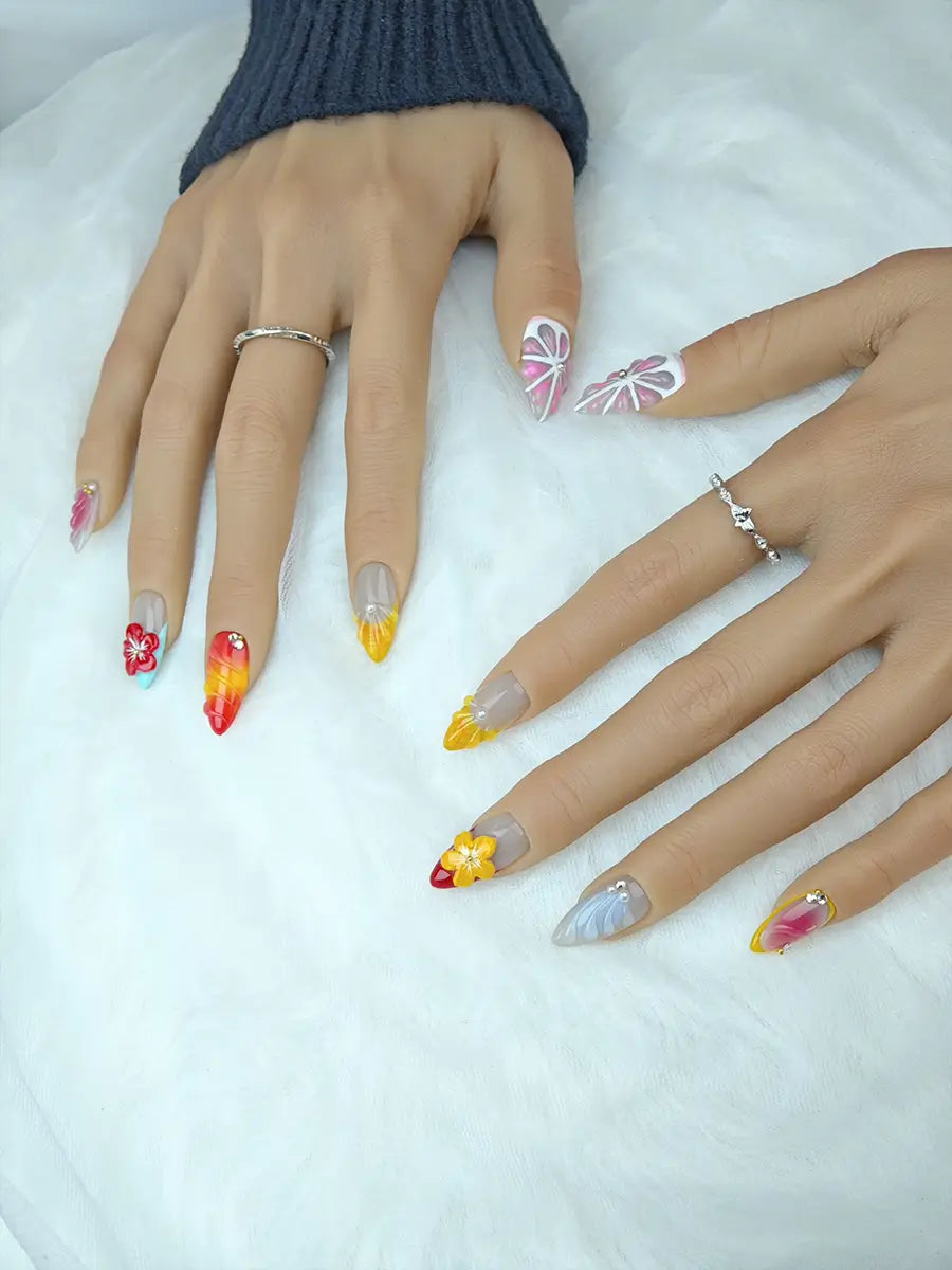 Colorful 3D Floral Press-On Nails – Embossed Texture & Gradient Design