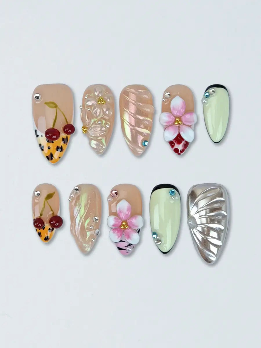 Multi-Element 3D Mixed Press-On Nails – Cherry & Floral Almond Shape
