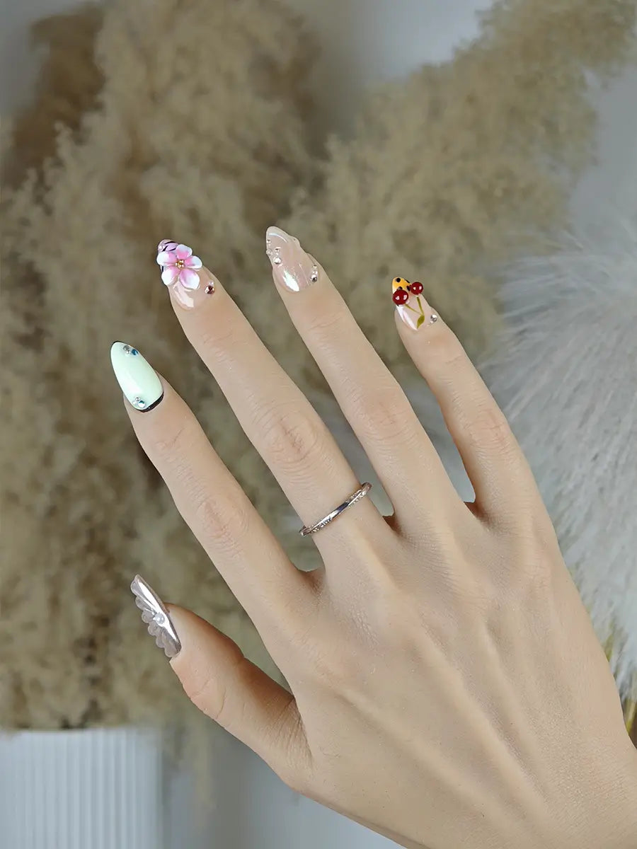 Multi-Element 3D Mixed Press-On Nails – Cherry & Floral Almond Shape