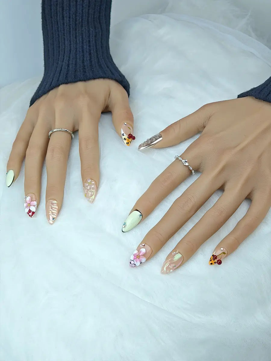 Multi-Element 3D Mixed Press-On Nails – Cherry & Floral Almond Shape