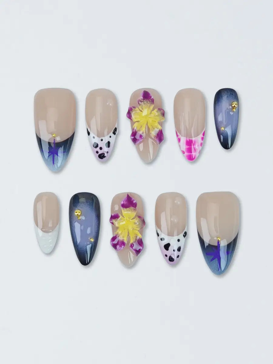 Beige Almond Press-On Nails – 3D Floral & Leopard Pattern Design