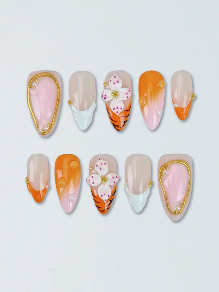 Orange Pink Tiger Print Press-On Nails – 3D Floral Trendy Art Design