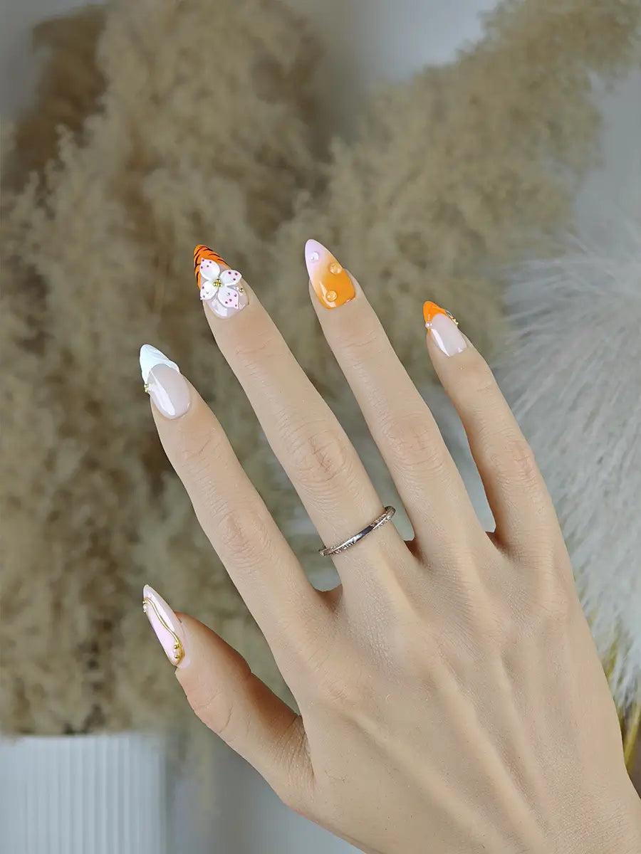 Orange Pink Tiger Print Press-On Nails – 3D Floral Trendy Art Design