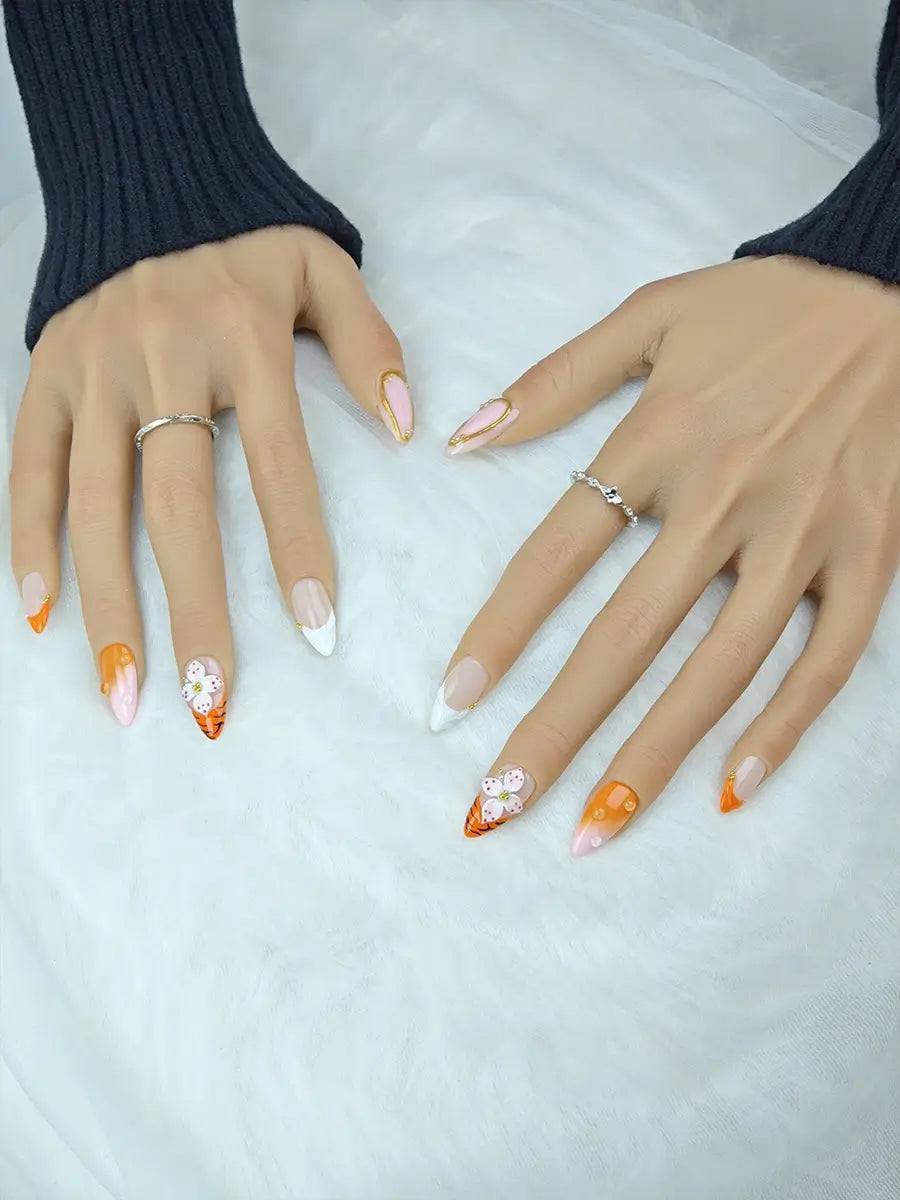 Orange Pink Tiger Print Press-On Nails – 3D Floral Trendy Art Design
