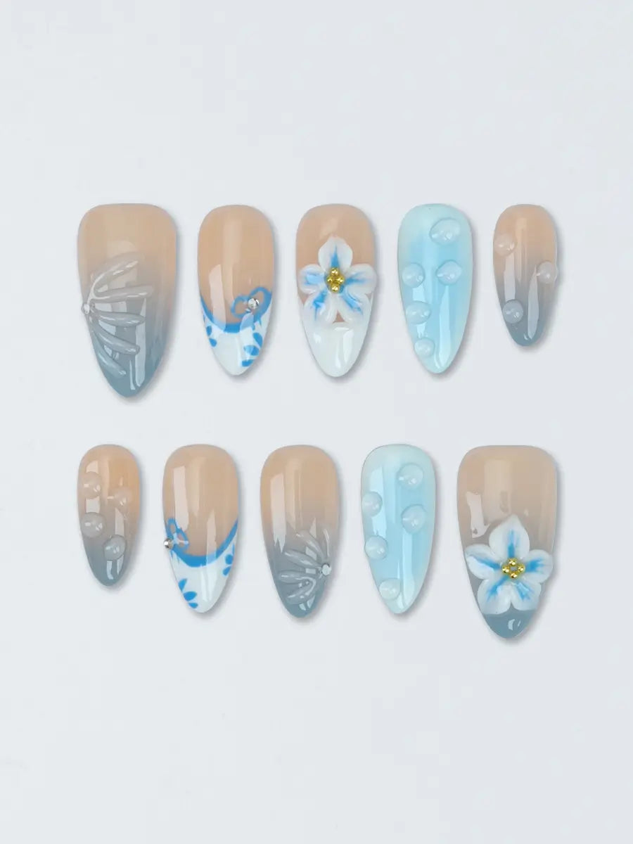 Nude Blue 3D Floral Press-On Nails – Elegant Hand-Painted Design