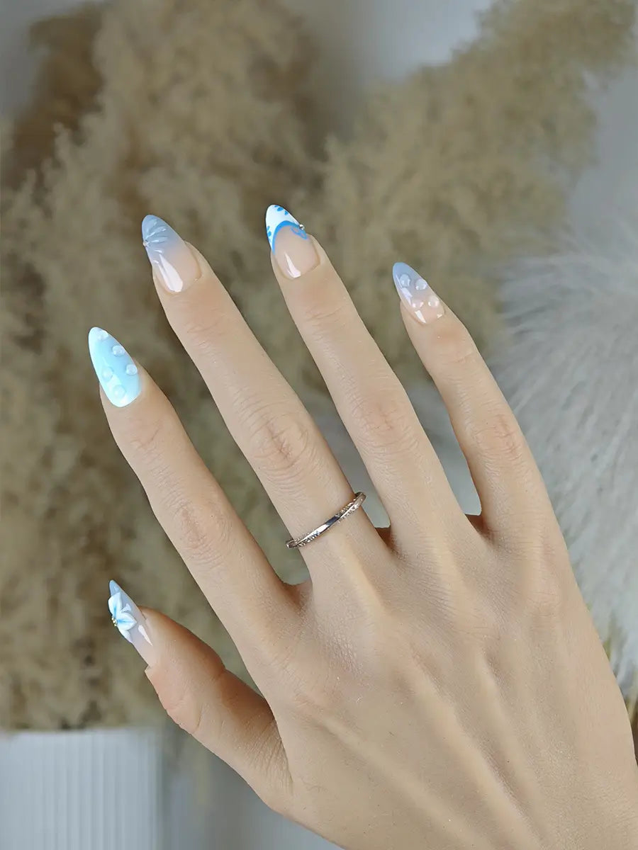 Nude Blue 3D Floral Press-On Nails – Elegant Hand-Painted Design