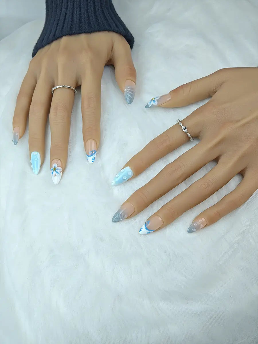 Nude Blue 3D Floral Press-On Nails – Elegant Hand-Painted Design
