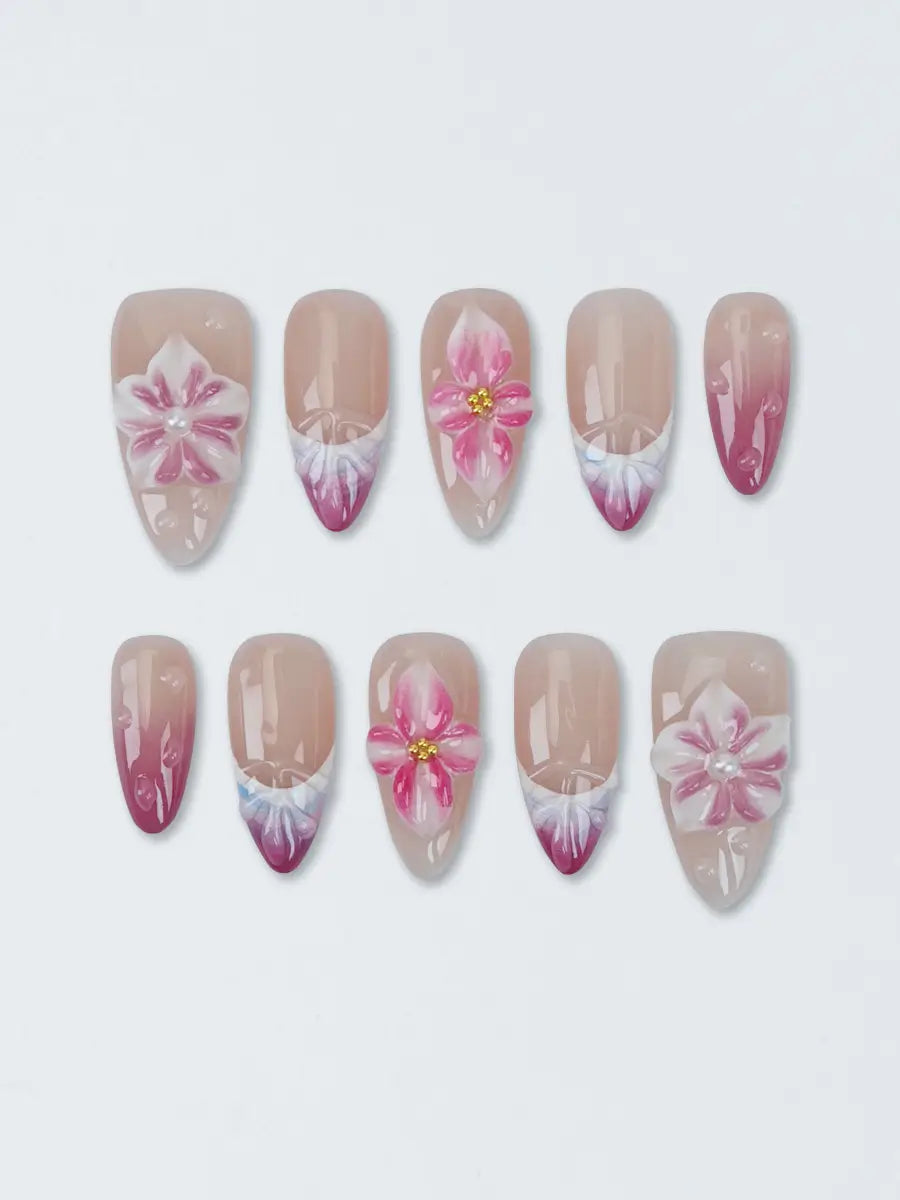 Nude Pink Gradient Almond Press-On Nails – 3D Floral & Pearls