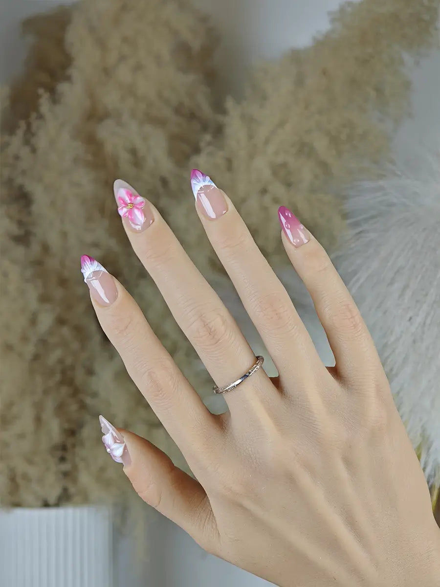 Nude Pink Gradient Almond Press-On Nails – 3D Floral & Pearls