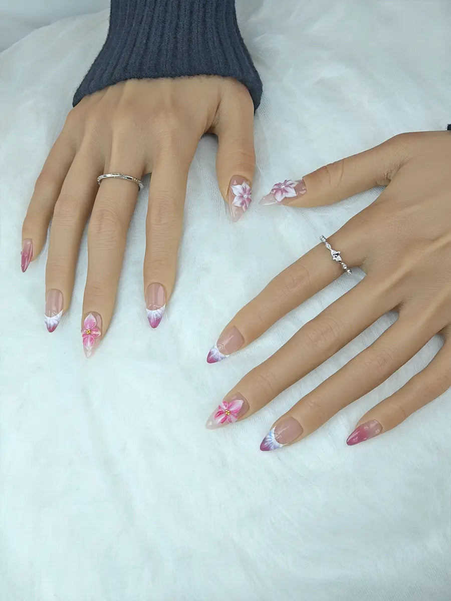 Nude Pink Gradient Almond Press-On Nails – 3D Floral & Pearls