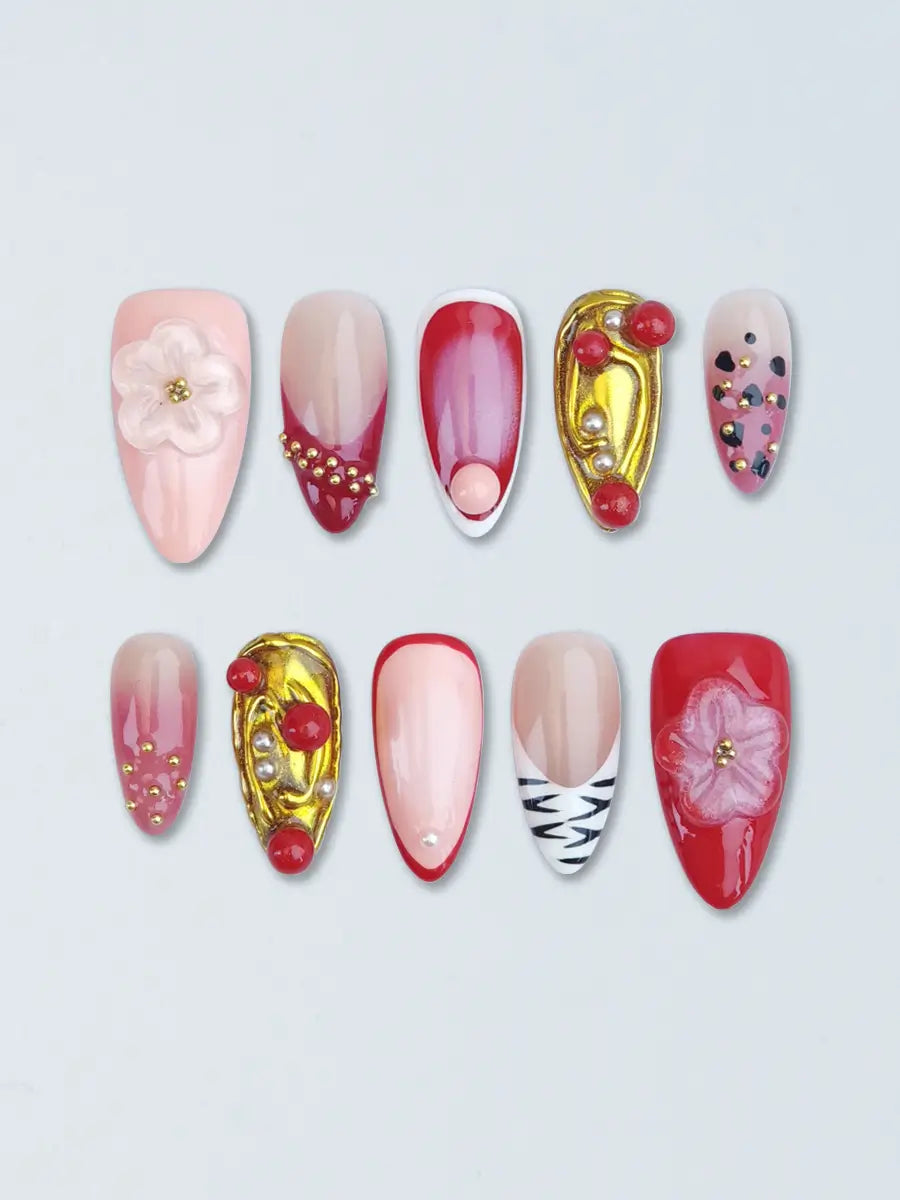 Red & Pink Floral Metallic Accent Pointed Press-On Nails – Luxe & Festive