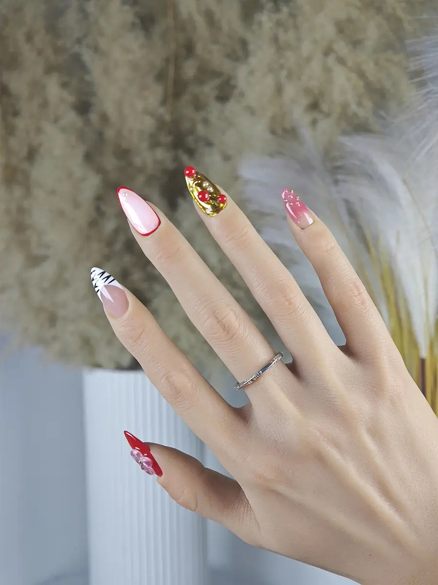 Red & Pink Floral Metallic Accent Pointed Press-On Nails – Luxe & Festive